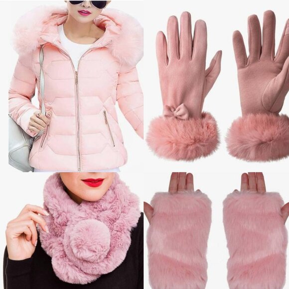 New PINK WINTER COAT, FAUX FURRY MITTENS, GLOVES & SCARF * ALL NEW! - Picture 1 of 11